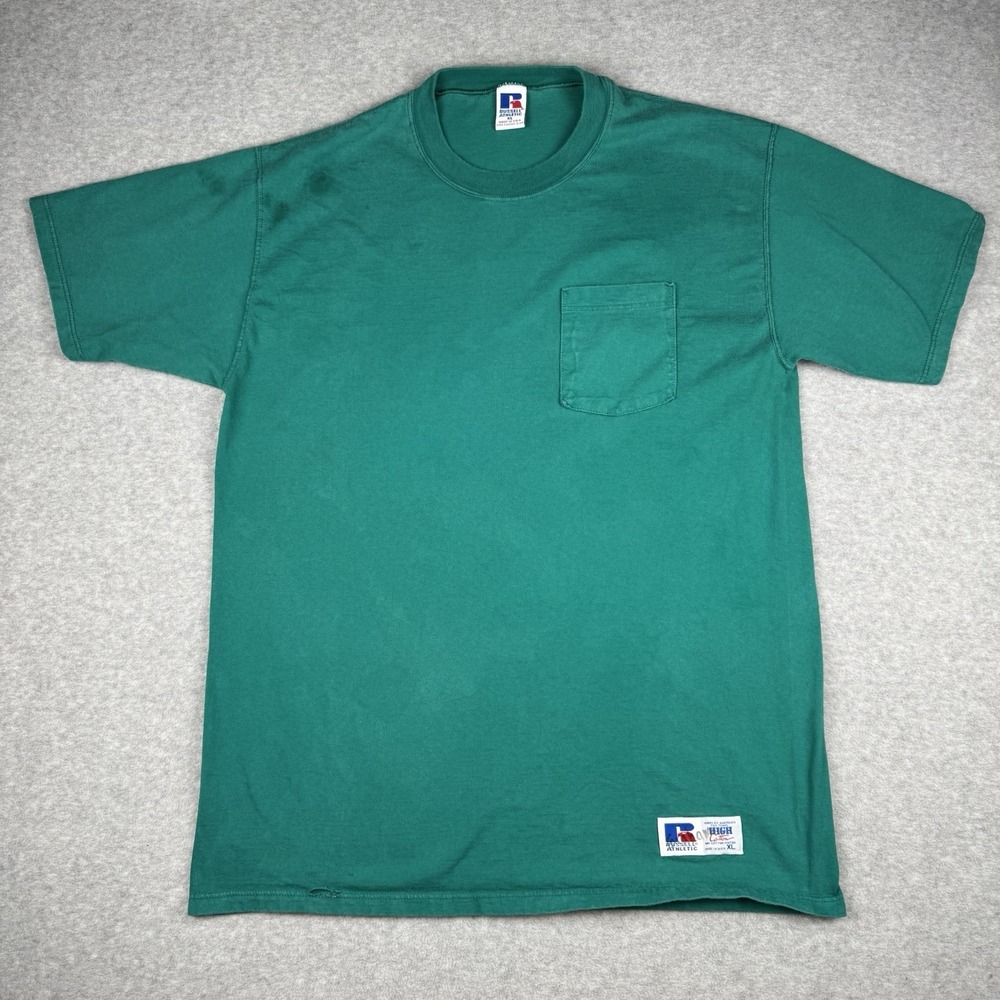 Vintage Russell Athletic Men's XL Pocket T-Shirt Teal Green Made In USA Distress